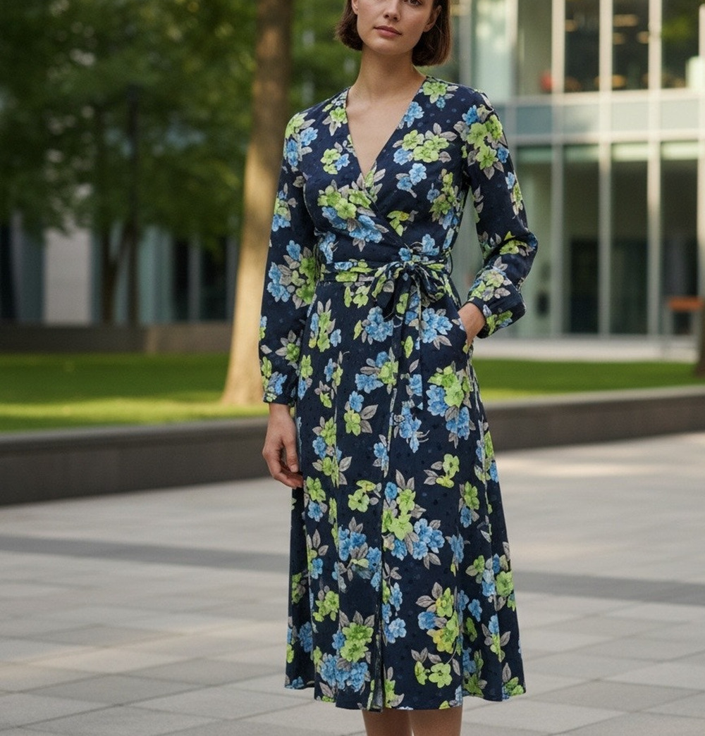 Essentiel Antwerp Blue Silk Wrap Dress SIZE 10 Floral Career Work Designer $550